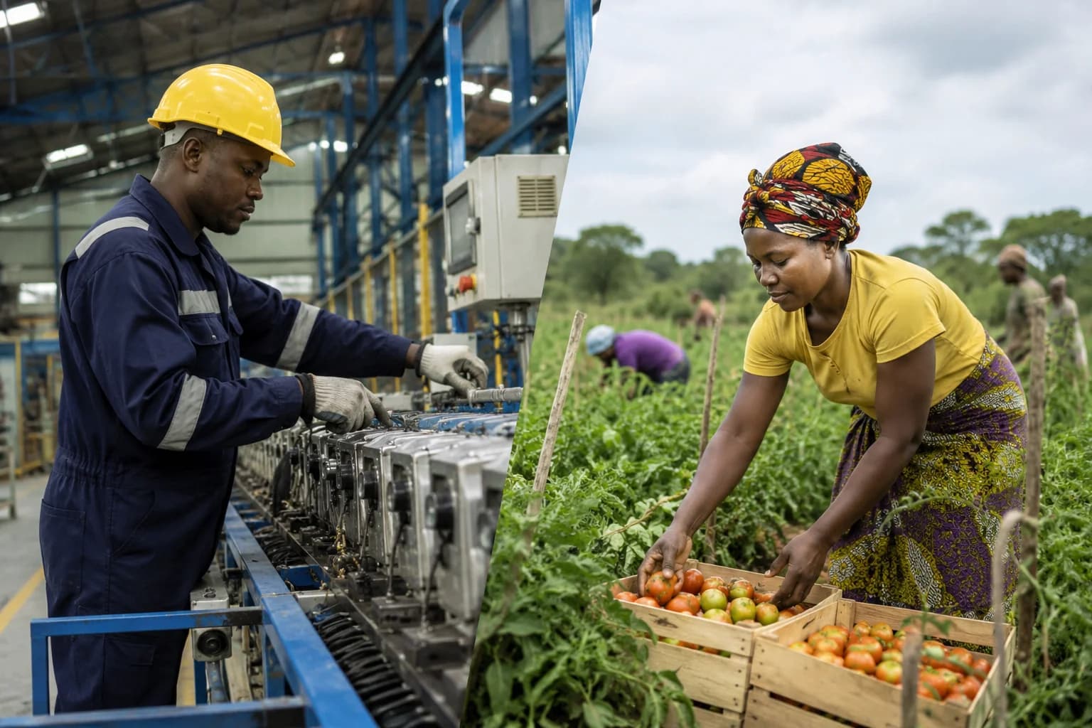 Nigerian factory workers and farmers as manufacturing and agriculture record business expansion despite economic pressures.