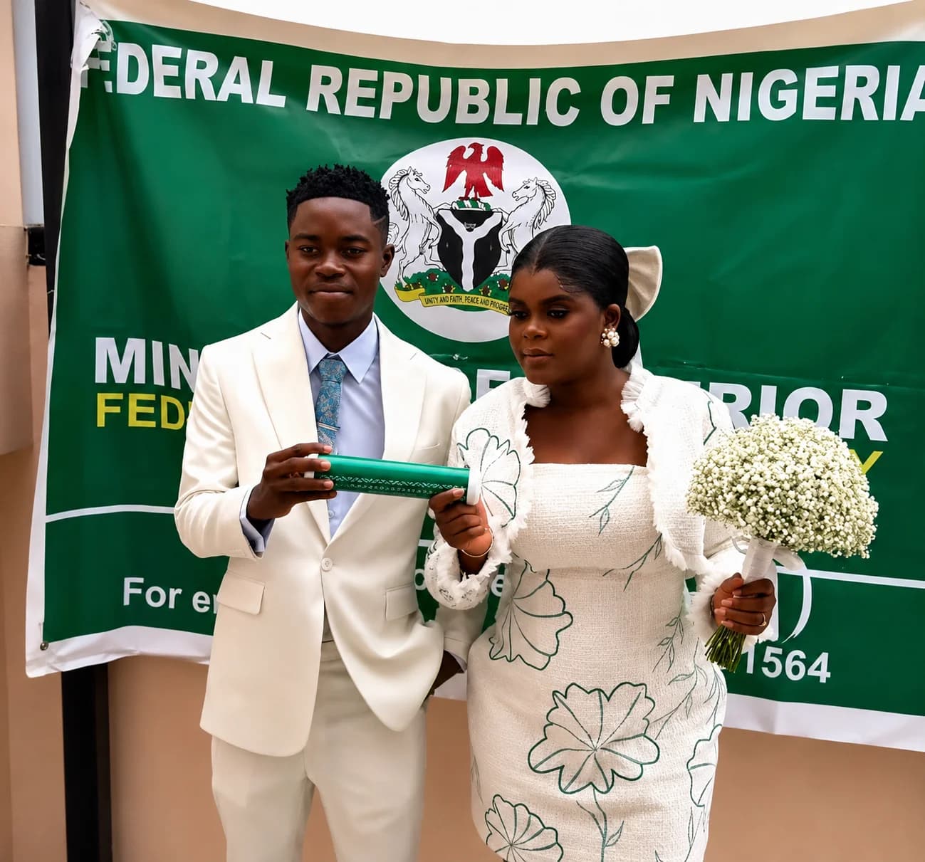 Nigerian TikTok stars Peller and Jarvis posing together after completing their civil marriage ahead of their white wedding ceremony.