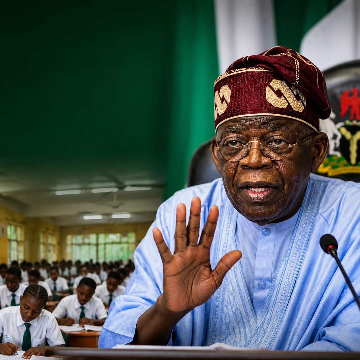 President Bola Tinubu addressing dignitaries during a public event while speaking about efforts to tackle insecurity in Northern Nigeria.