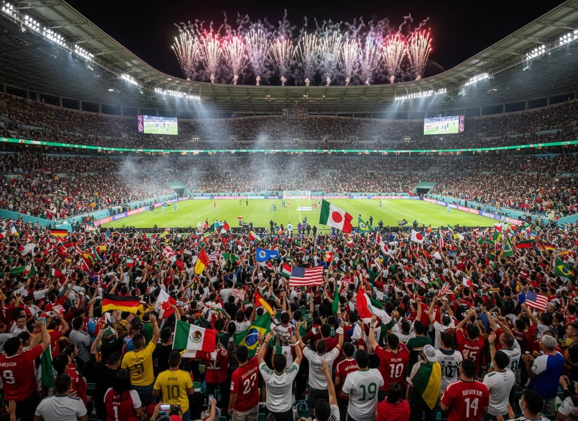 African football supporters waving national flags during the FIFA World Cup, symbolising the continent's growing strength and respect in global football.