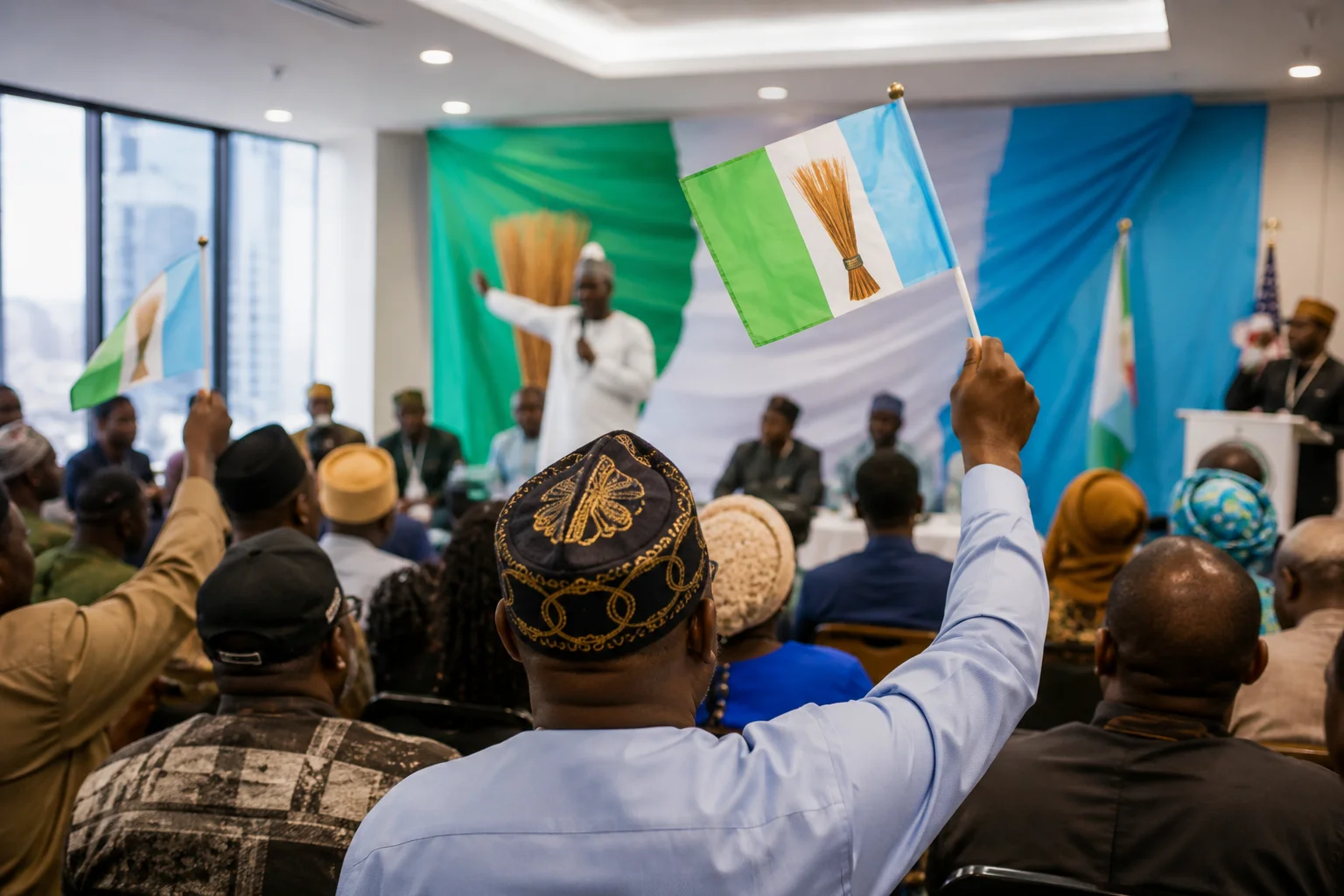 President Bola Ahmed Tinubu addressing supporters as APC members launch an early diaspora mobilisation campaign ahead of Nigeria's 2027 presidential election.