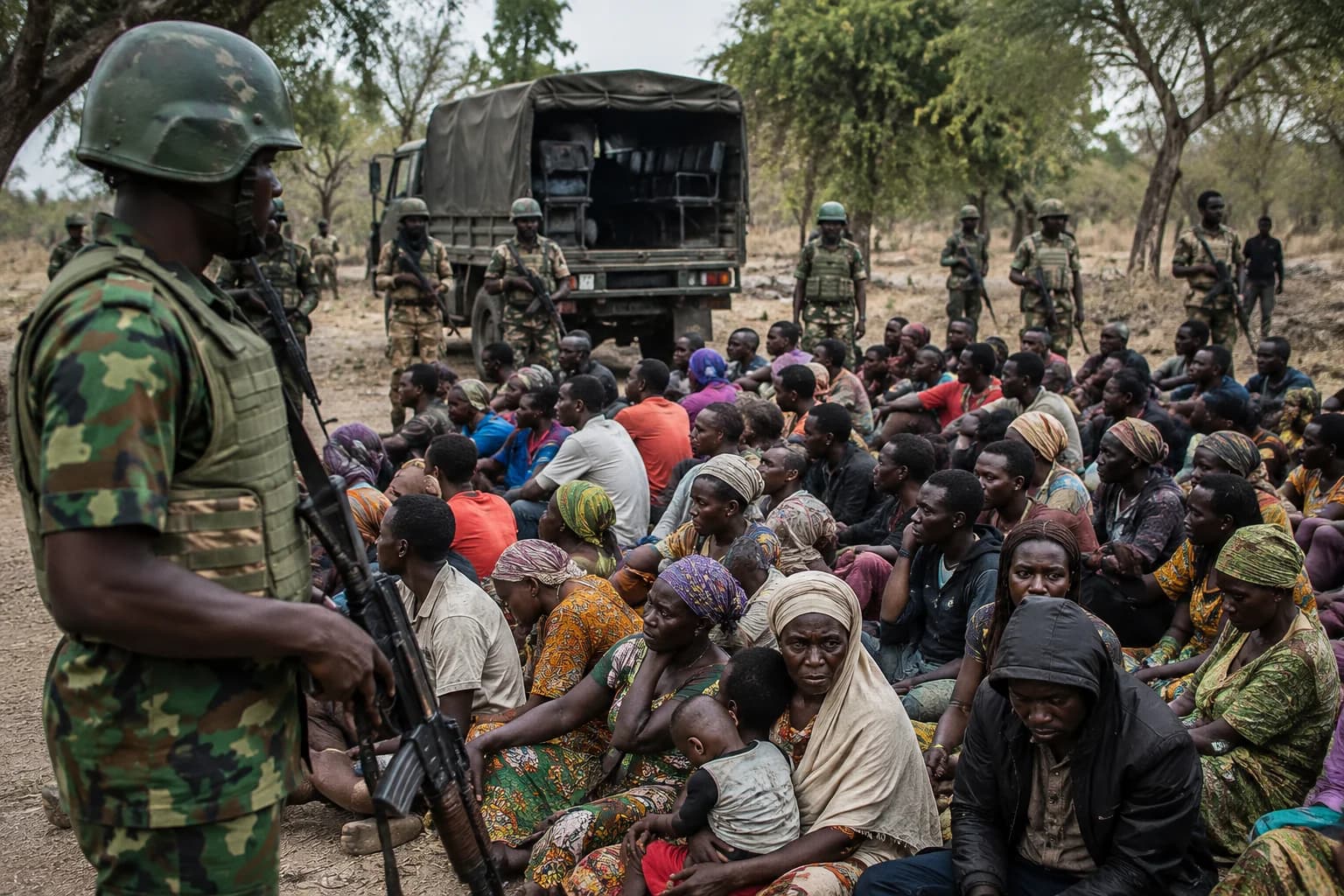 Nigerian security personnel escorting rescued kidnap victims following a major rescue operation in northern Nigeria.