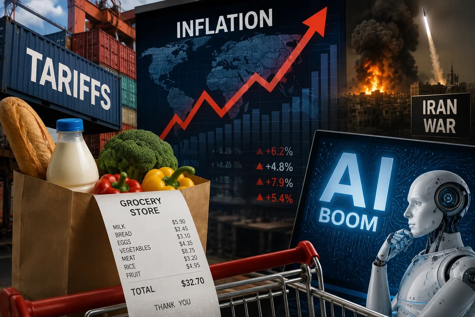 A shopper walks through a supermarket aisle as rising prices, driven by tariffs, energy costs and AI-related investment, continue to fuel global inflation concerns.
