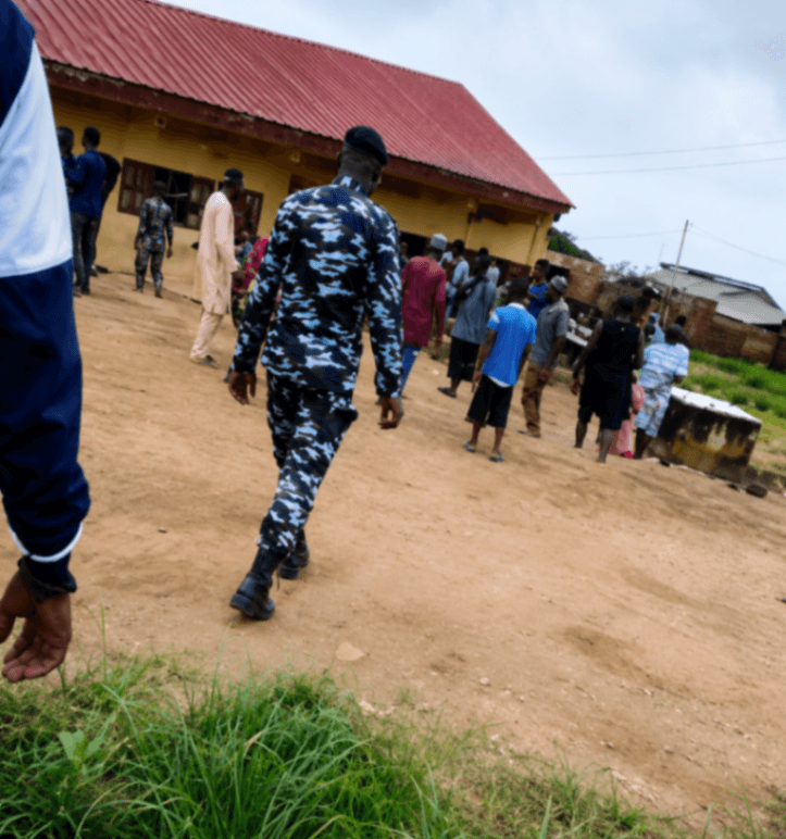 Police officers at an election materials centre during the 2026 Osun governorship election