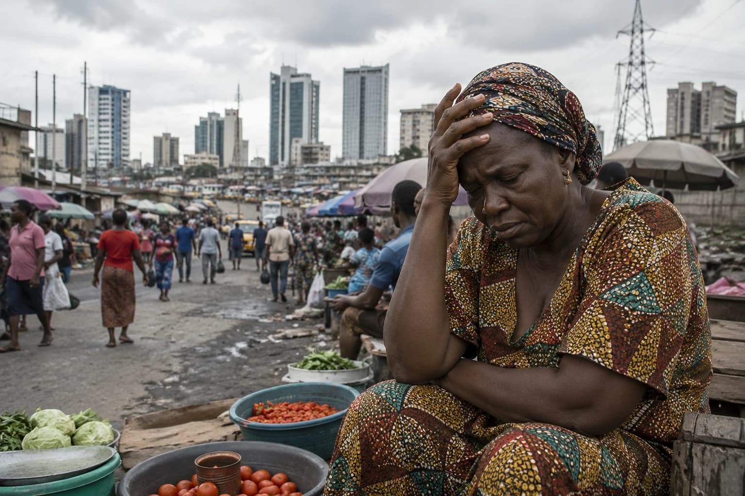 Nigerians shop for food and essential goods at a busy market as the IMF projects economic growth while warning that rising prices could deepen poverty.