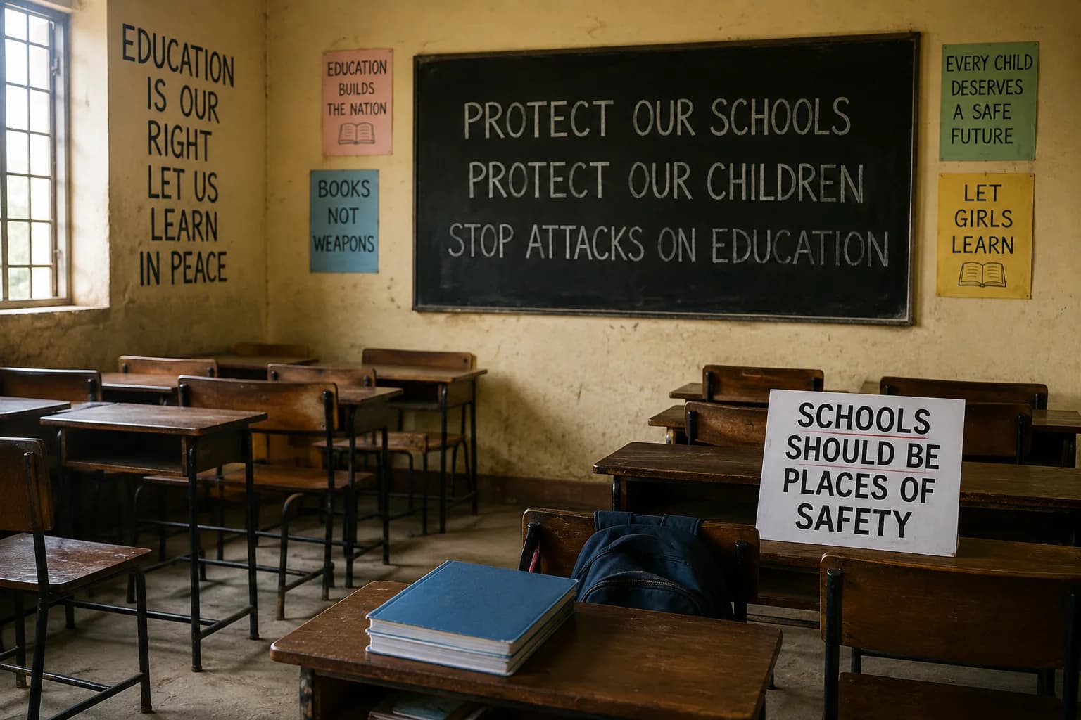 Schoolchildren walking into a secure school compound, representing the need to prevent kidnappings rather than celebrate rescues after attacks occur.