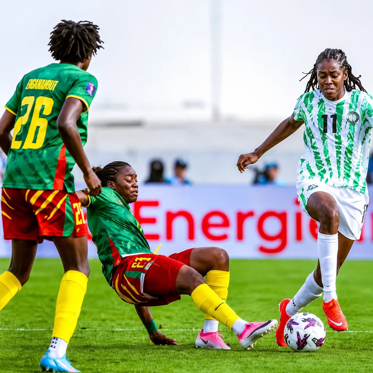 Cameroon players celebrate after defeating Nigeria in the 2026 WAFCON quarter-final.