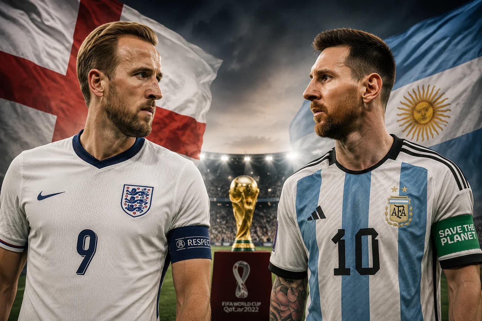 Argentina players celebrate after defeating England 2-1 in the FIFA World Cup semi-final while England's players react in disappointment as Lionel Messi applauds supporters.