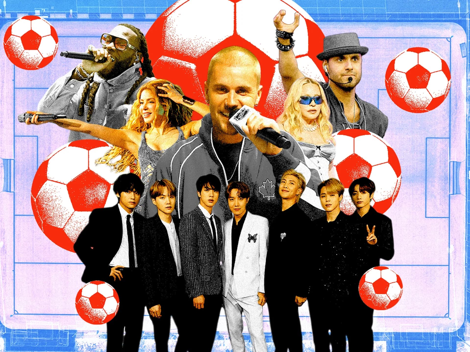 Shakira, Burna Boy, Madonna, BTS and Justin Bieber perform during FIFA's first-ever World Cup final halftime show in New Jersey.