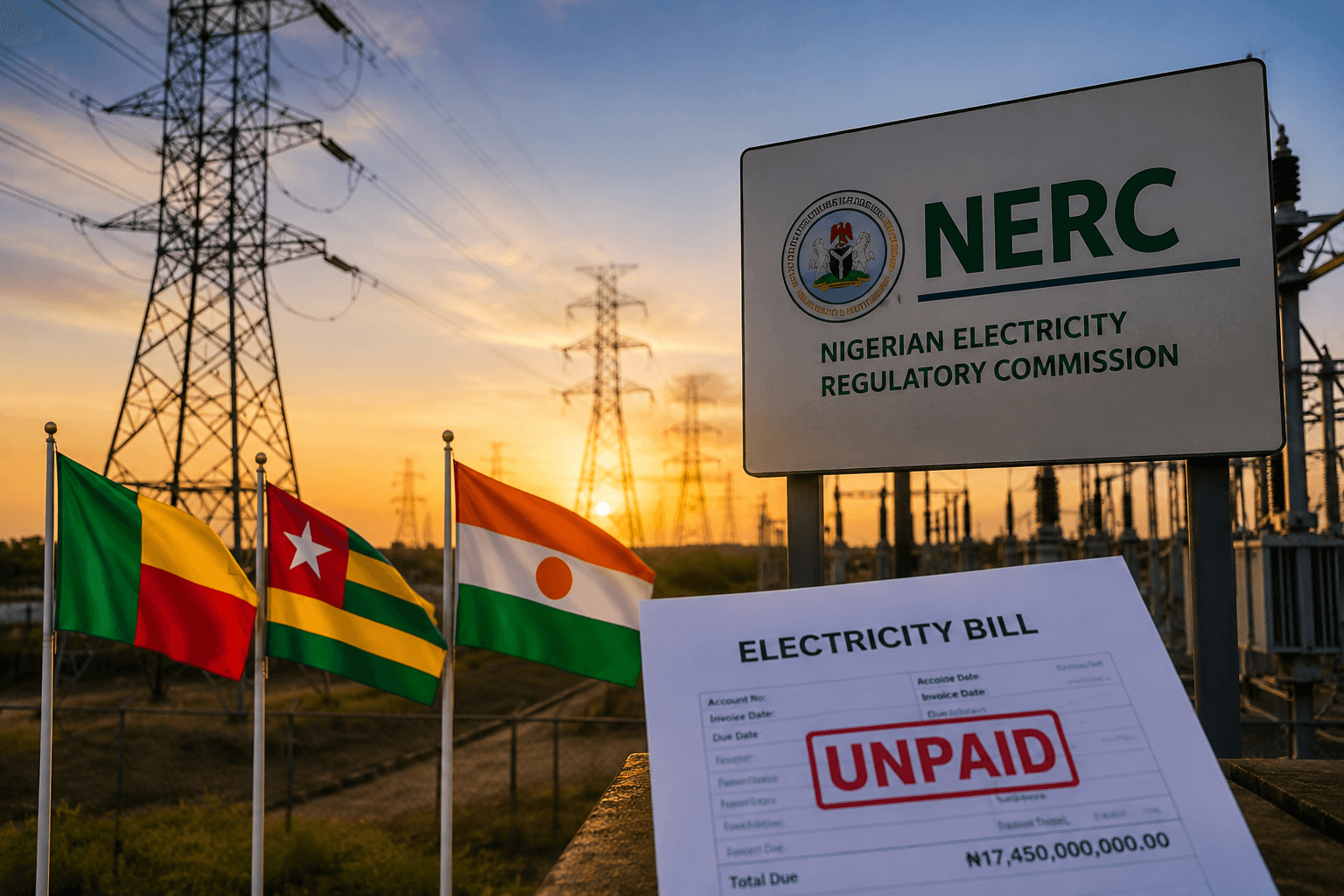 Electricity transmission infrastructure with the flags of Benin Republic, Togo and Niger Republic beside an unpaid electricity bill.