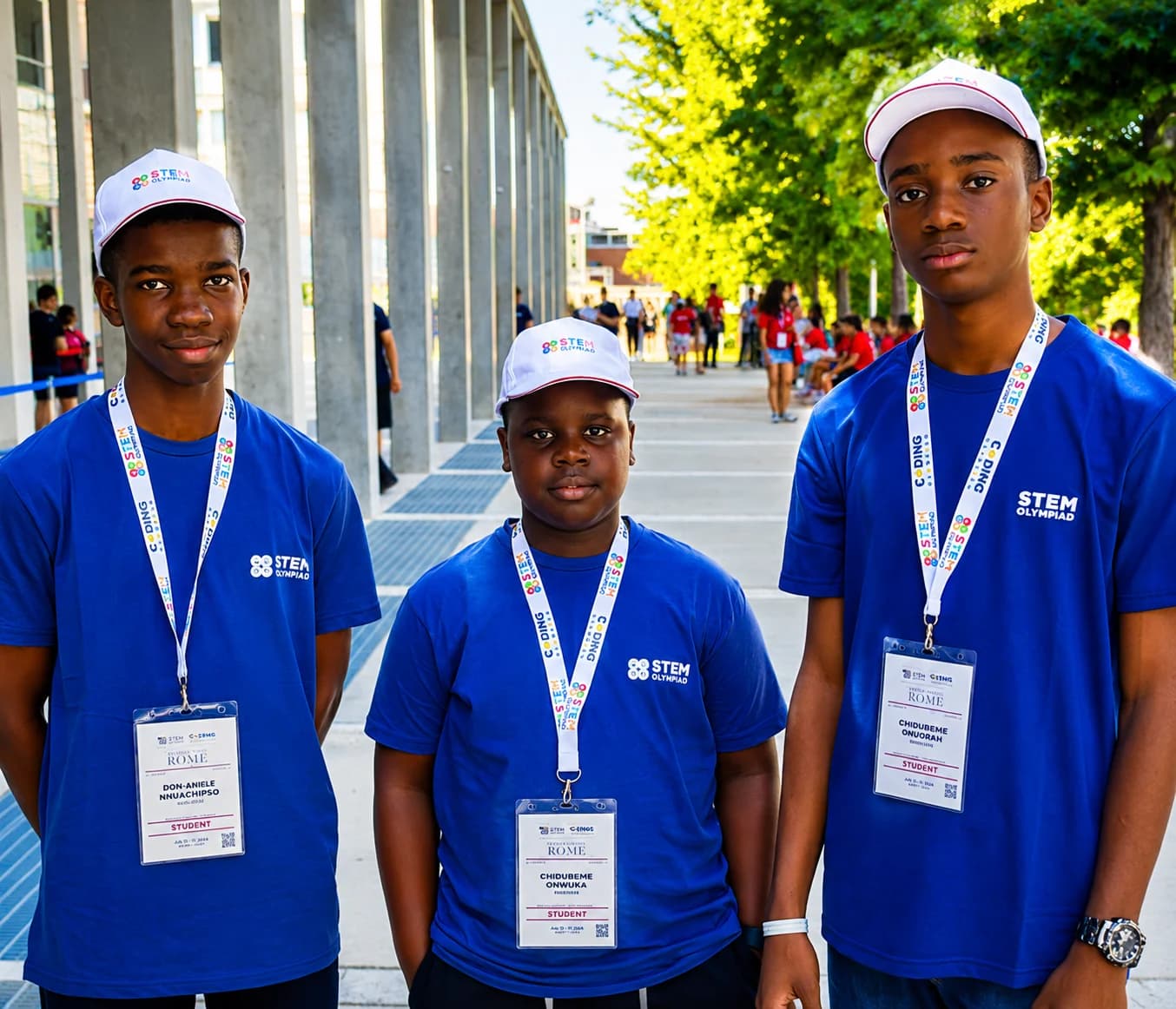 Nigerian students Egejurum Onyedikachi, Chimdiebube Onwubiko and Don Anele Munachimso celebrate after winning four gold medals at the 2026 International STEM Olympiad Grand Finale in Rome, Italy.