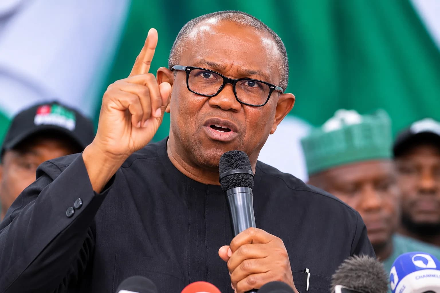 Peter Obi speaking during a televised interview where he pledged to serve only one four-year term if elected President of Nigeria.