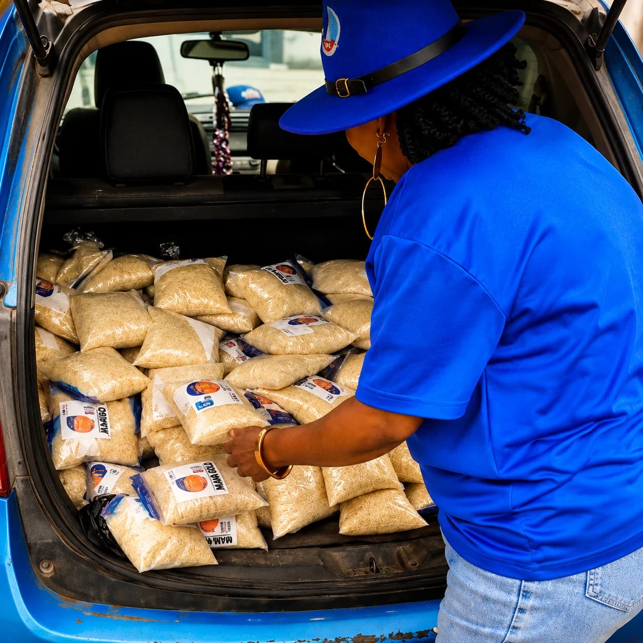 APC supporter Ero-Arike distributing small portions of rice to residents in Osun ahead of the governorship election.
