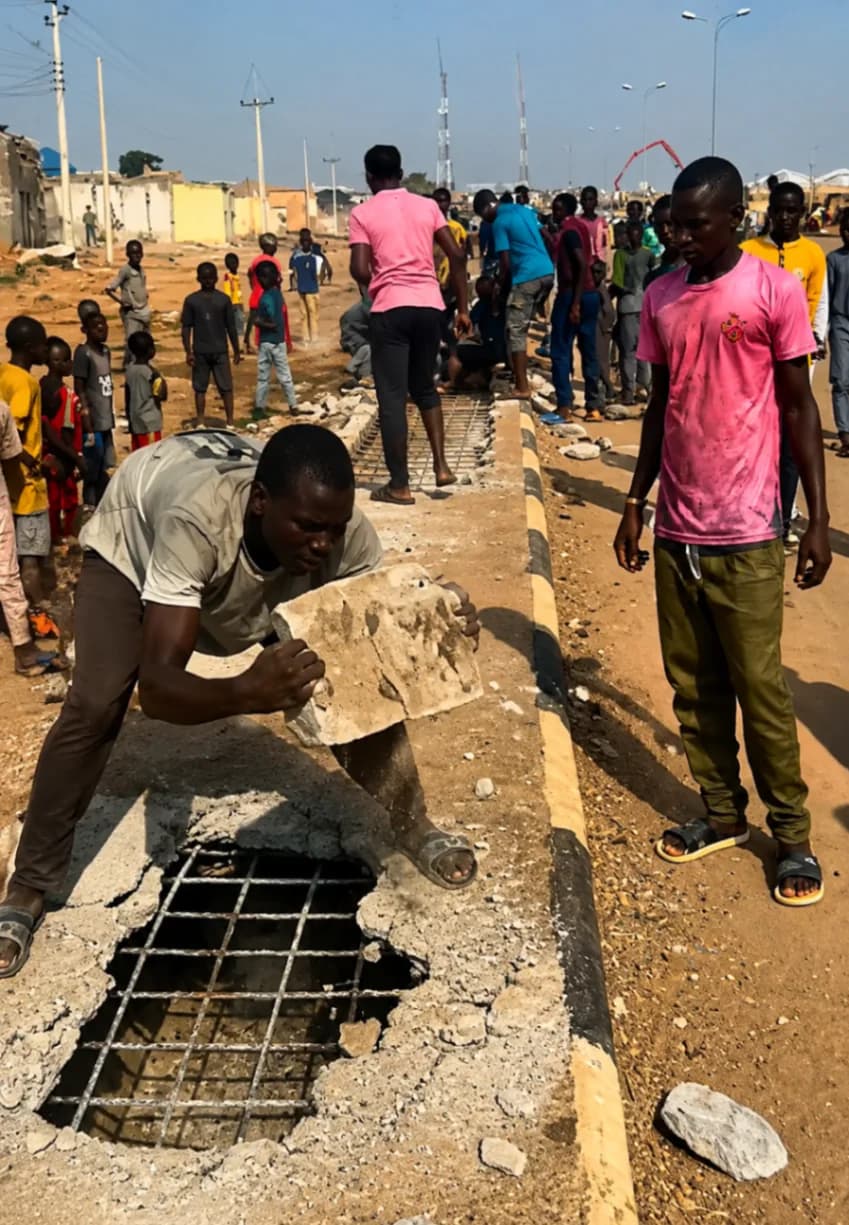 Young man breaking concrete road drainage to remove iron rods for scrap in Nigeria