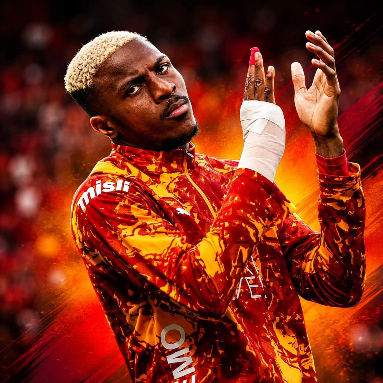 Super Eagles striker Victor Osimhen celebrating a goal for Galatasaray amid renewed Premier League transfer speculation.