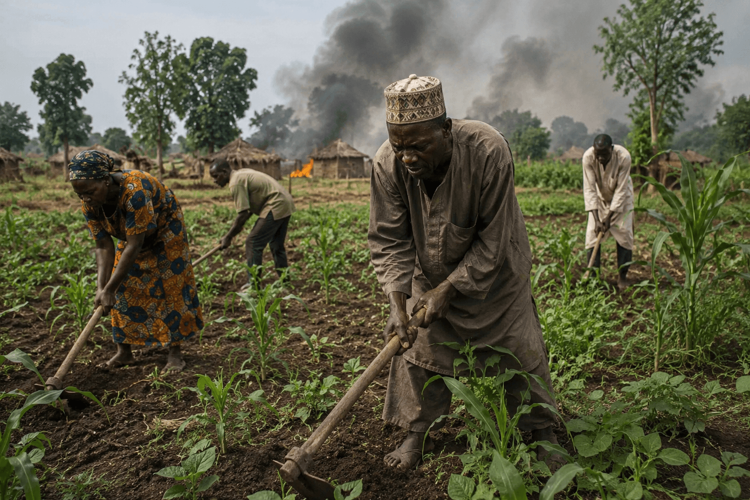 Nigerian farmers working on agricultural land as insecurity and attacks on rural communities threaten food production and worsen hunger across the country.