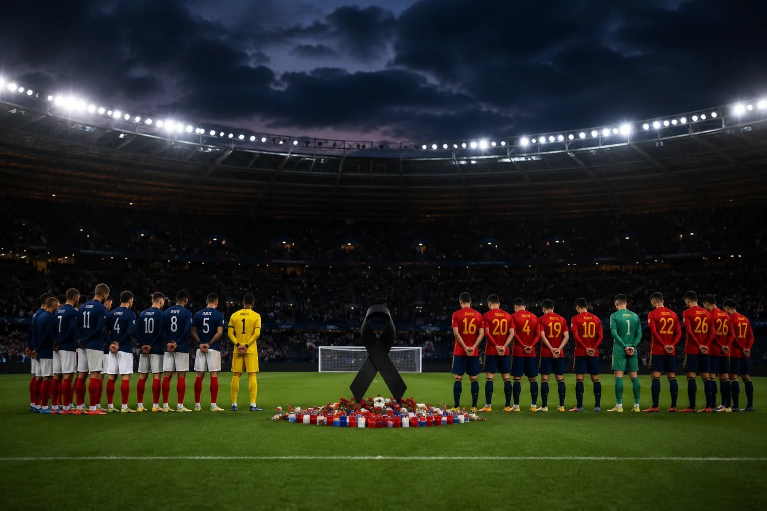 France and Spain players stand together for a minute's silence before their 2026 FIFA World Cup semi-final in memory of the victims of the 2016 Nice terror attack.
