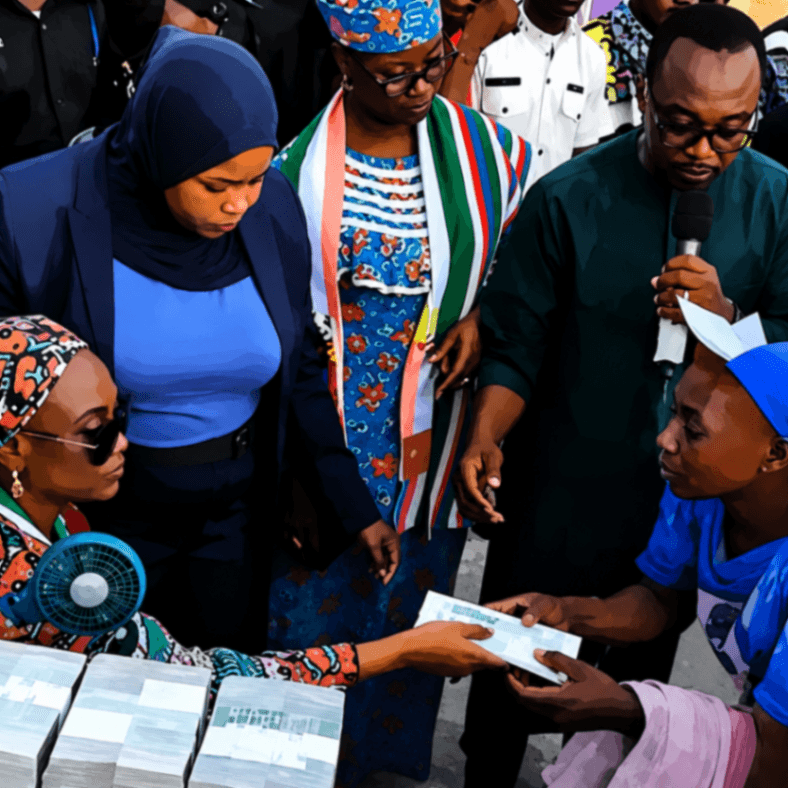Hajiya Maryam Ahmed Wadada distributing cash to women during a grassroots empowerment programme in Nasarawa State