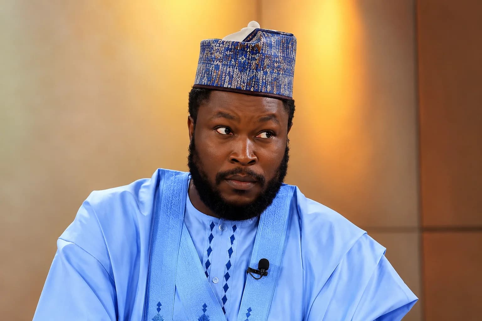 A television microphone in front of a speaker discussing allegations of ransom payments amid a Nigerian security controversy.