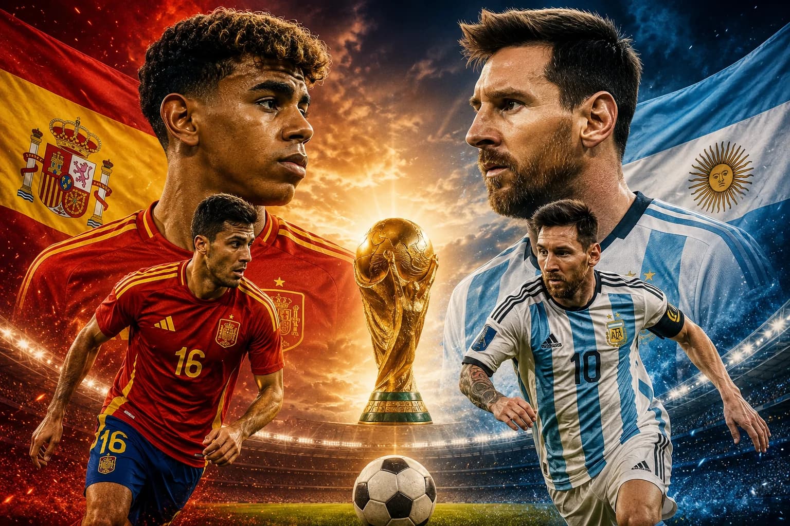 Lionel Messi and Spain's Lamine Yamal ahead of the 2026 FIFA World Cup final between Argentina and Spain.