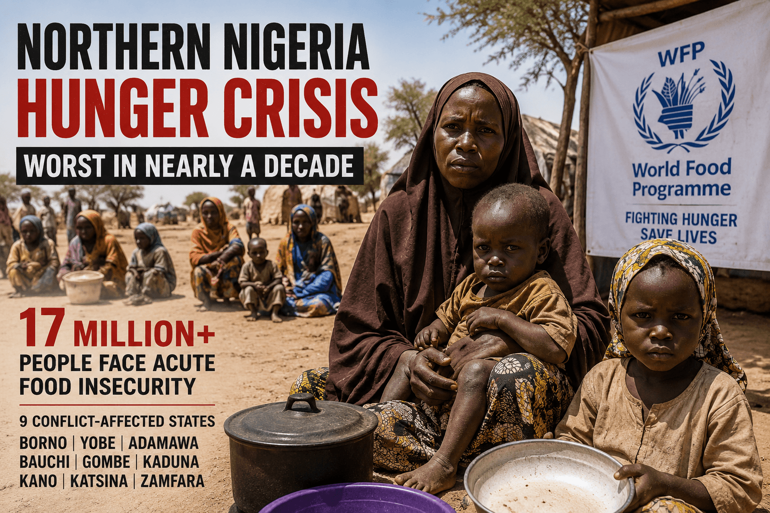 Woman with children in a drought-affected community in northern Nigeria, illustrating the hunger crisis affecting more than 17 million people across conflict-affected states.
