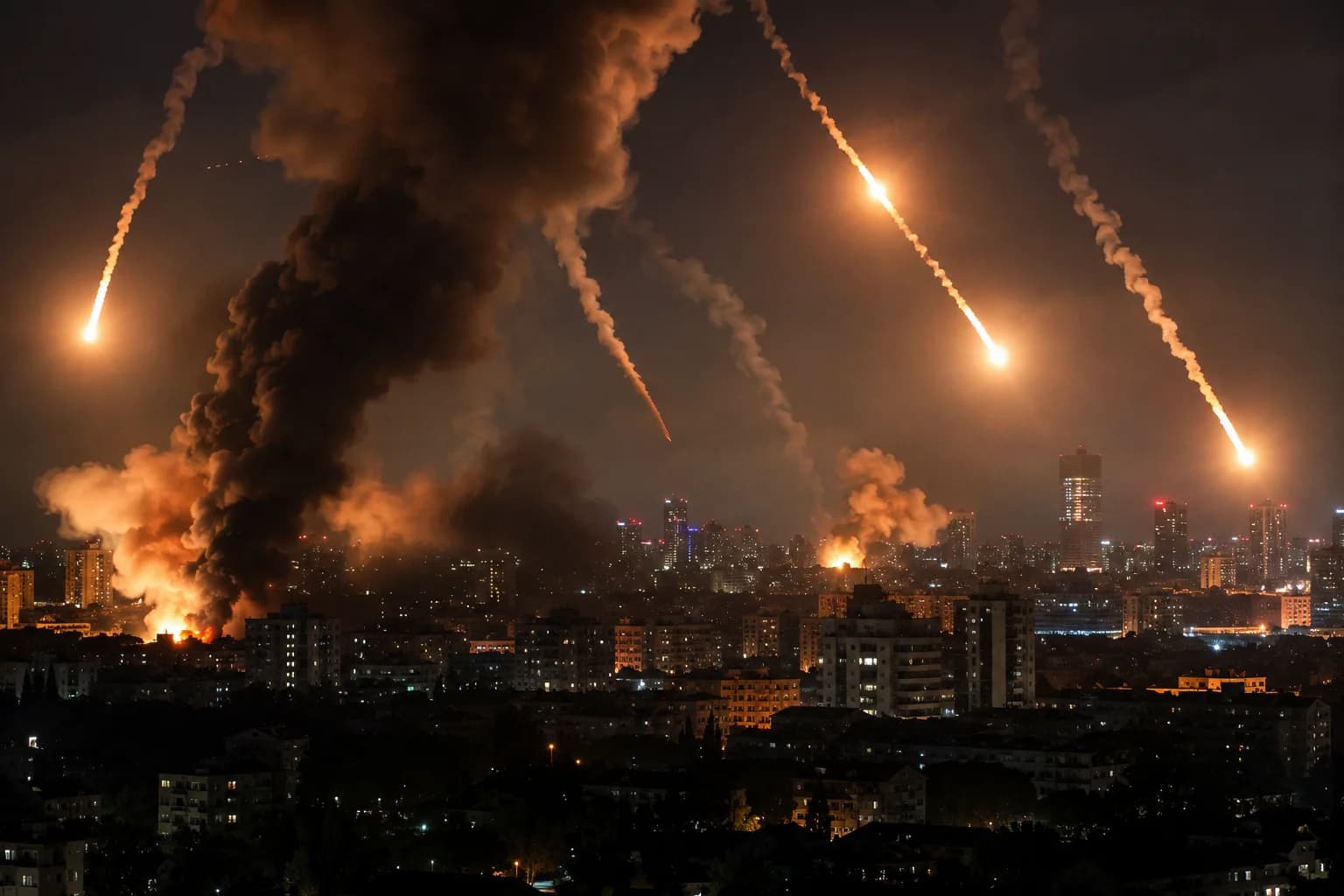 Emergency responders work at the scene of damaged buildings in Kyiv after overnight Russian missile strikes, with smoke rising above the Ukrainian capital.