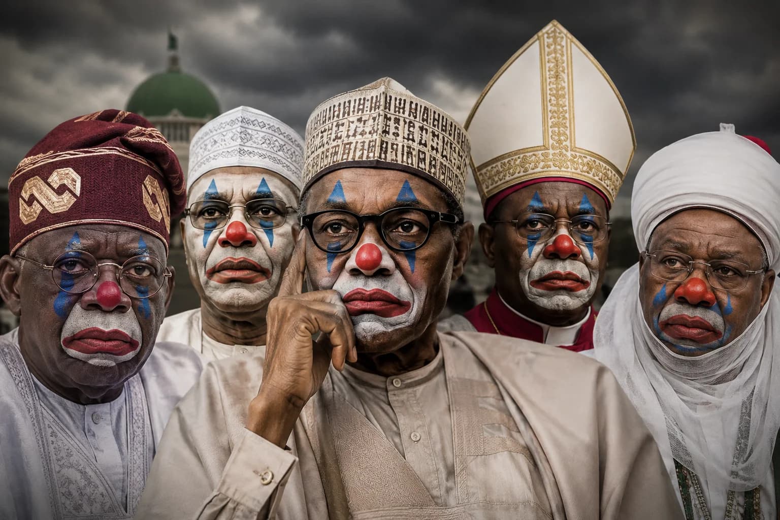 Alt Text: Illustration representing AI-generated images of Nigerian traditional rulers and religious leaders amid an online political controversy.