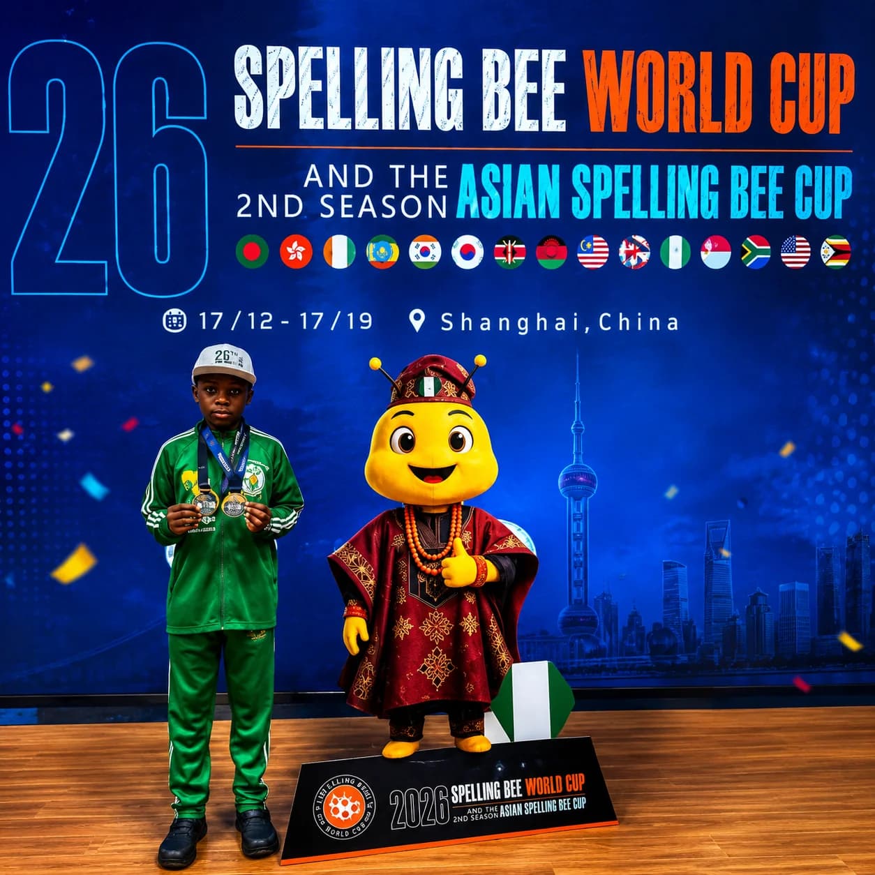 Nigerian students celebrate after winning a gold medal at the 2026 Spelling Bee World Cup in Shanghai, China, representing the country on the international academic stage.